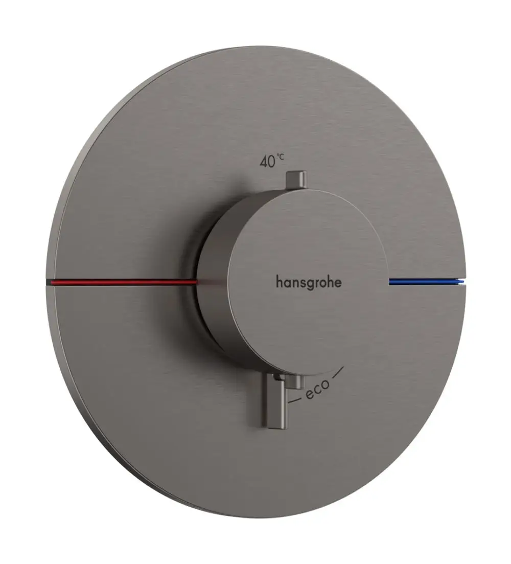 Thermostat von Hansgrohe in gebürstetem Schwarzchrom mit Regler und Anzeige für Temperatur und Eco-Einstellung, montiert auf runder Platte.